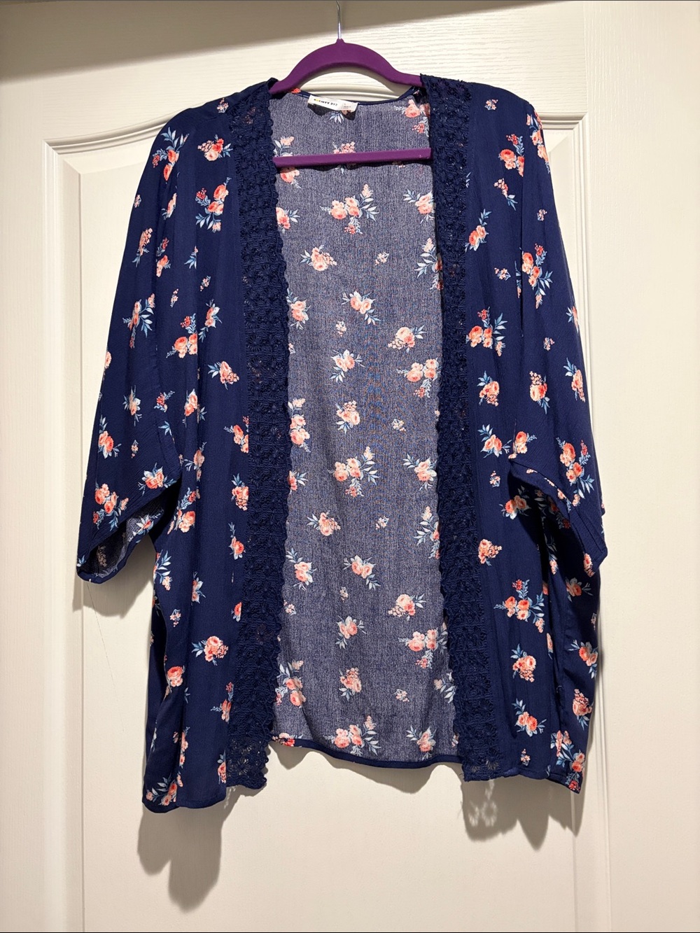Society Navy Floral Open-Front Lace-Trim Kimono Cardigan